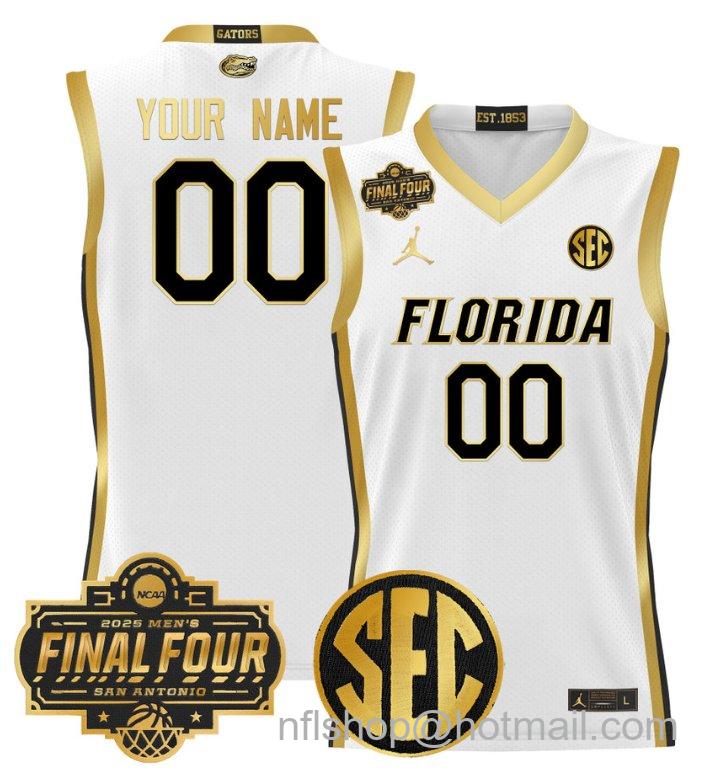 Custom Florida Gators Jersey 2025 Final Four Patch Basketball Stitched White Gold