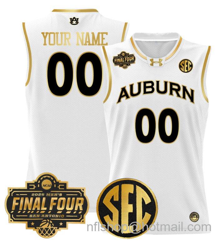 Custom Auburn Tigers Jersey 2025 Final Four Patch Basketball Stitched White Gold