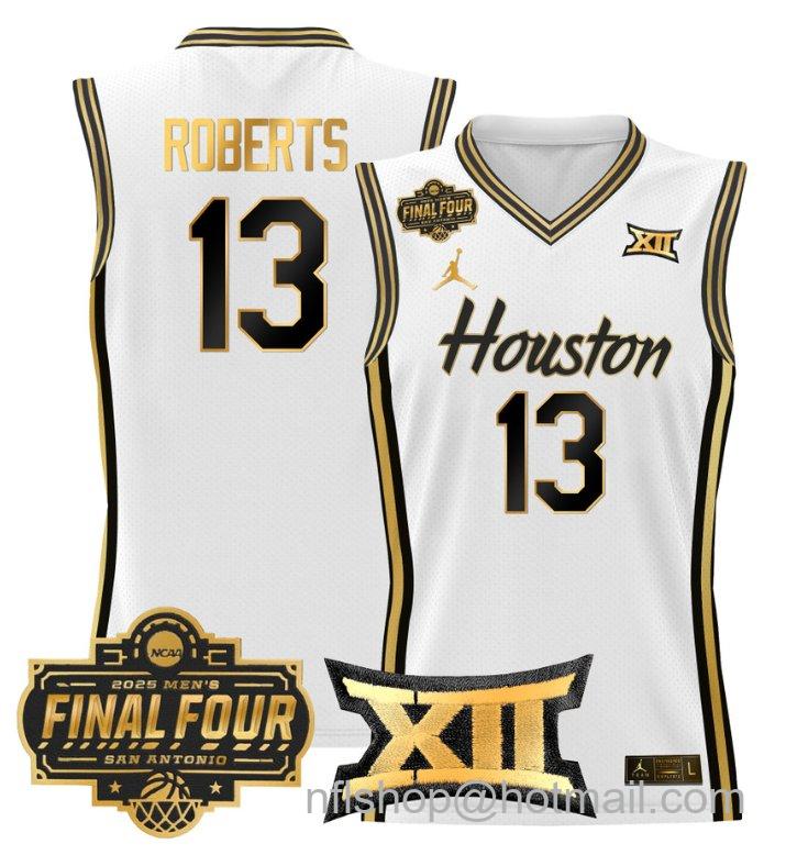 Men's J'Wan Roberts Jersey #13 Houston Cougars 2025 Final Four Patch White Gold
