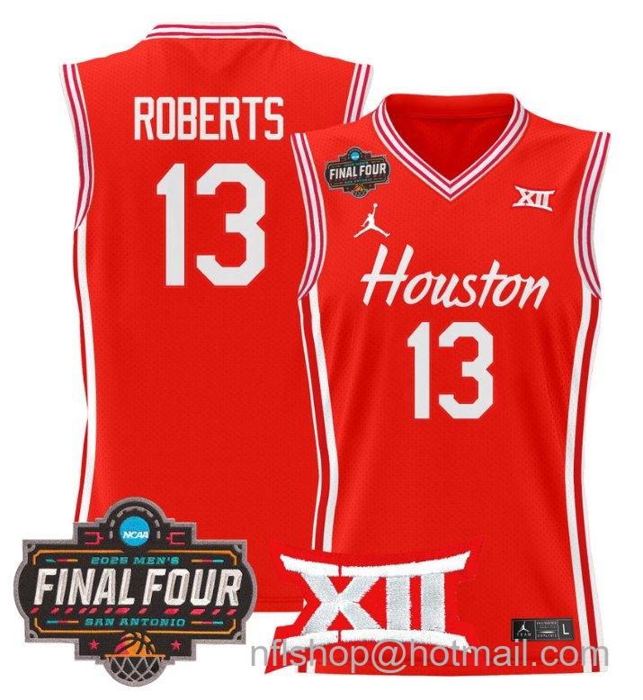 Men's J'Wan Roberts Jersey #13 Houston Cougars 2025 Final Four Patch Stitched Red