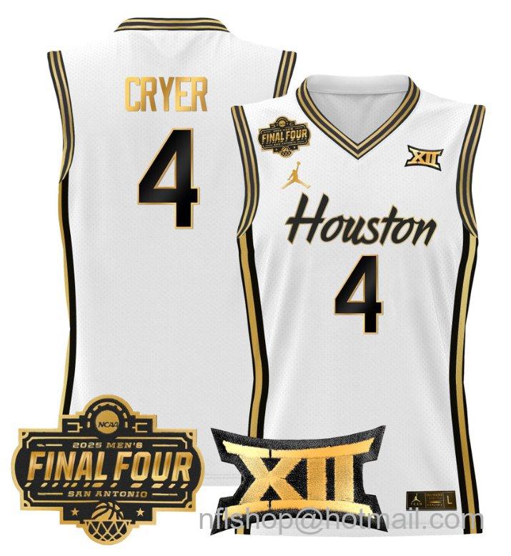 Men's L.J. Cryer Jersey #4 Houston Cougars 2025 Final Four Patch Stitched White Gold
