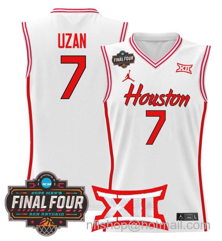 Men's Milos Uzan Jersey #7 Houston Cougars 2025 Final Four Patch Stitched White