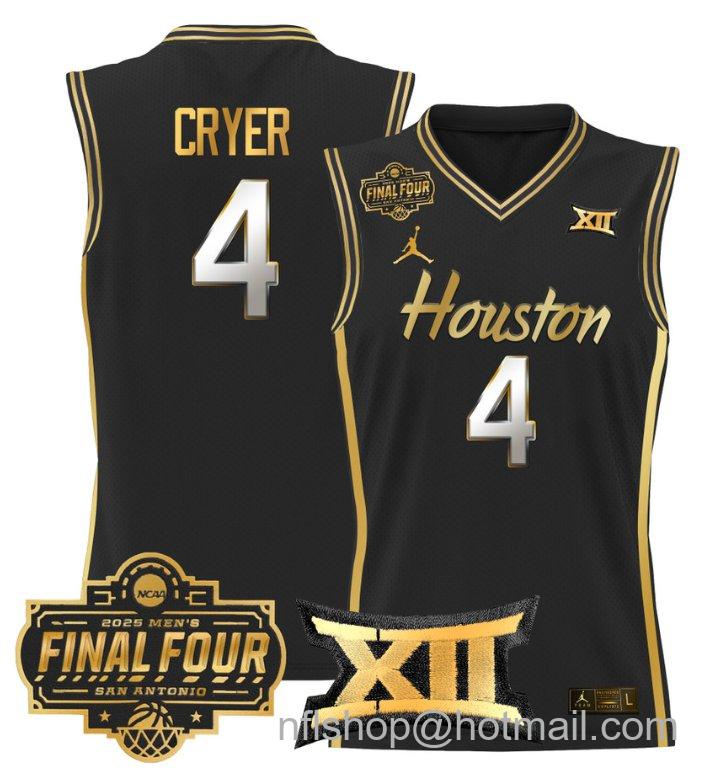 Men's L.J. Cryer Jersey #4 Houston Cougars 2025 Final Four Patch Stitched Black Gold