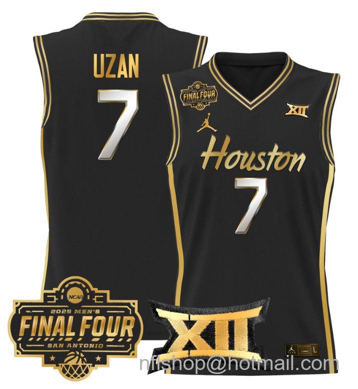 Men's Milos Uzan Jersey #7 Houston Cougars 2025 Final Four Patch Stitched Black Gold