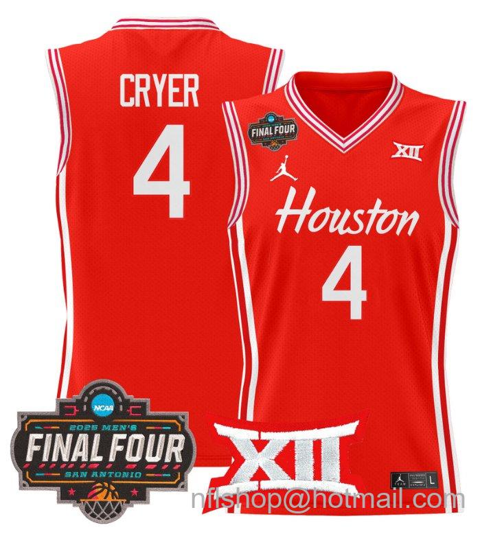 Men's L.J. Cryer Jersey #4 Houston Cougars 2025 Final Four Patch Stitched Red