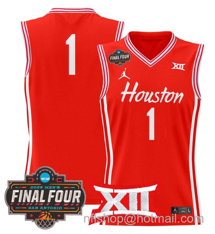 Men's Team Jersey #1 Houston Cougars 2025 Final Four Patch Stitched Red