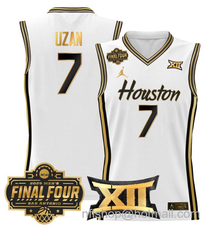 Men's Milos Uzan Jersey #7 Houston Cougars 2025 Final Four Patch Stitched White Gold
