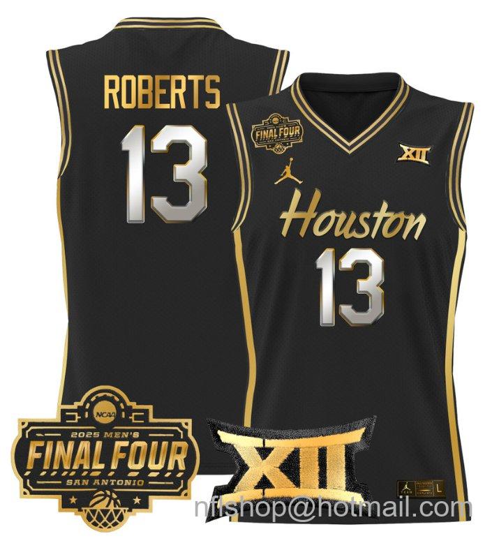 Men's J'Wan Roberts Jersey #13 Houston Cougars 2025 Final Four Patch Black Gold