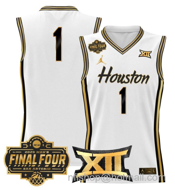Men's Team Jersey #1 Houston Cougars 2025 Final Four Patch Stitched White Gold