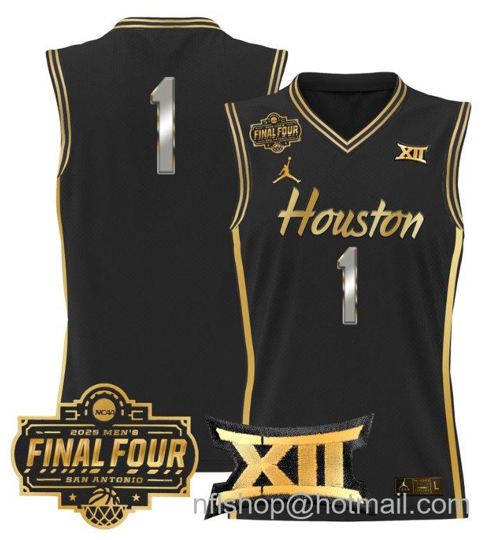 Men's Team Jersey #1 Houston Cougars 2025 Final Four Patch Stitched Black Gold