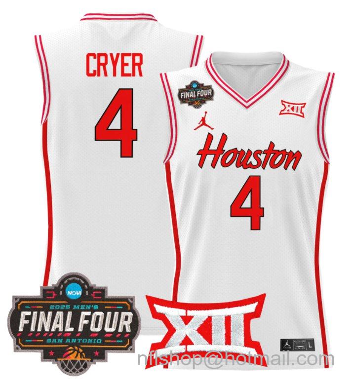 Men's L.J. Cryer Jersey #4 Houston Cougars 2025 Final Four Patch Stitched White