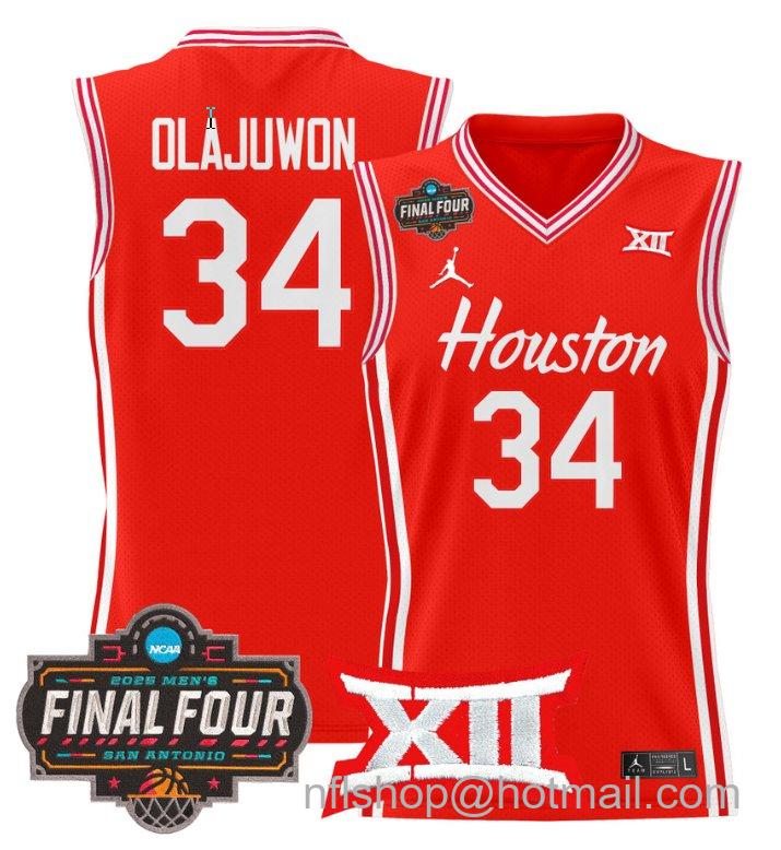 Men's Hakeem Olajuwon Jersey #34 Houston Cougars 2025 Final Four Patch Stitched Red