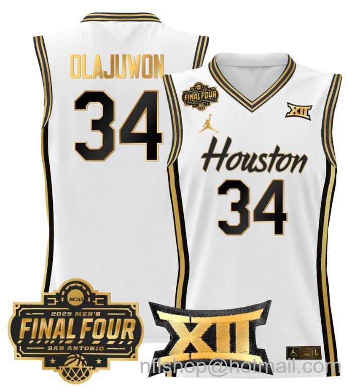Men's Hakeem Olajuwon Jersey #34 Houston Cougars 2025 Final Four Patch White Gold