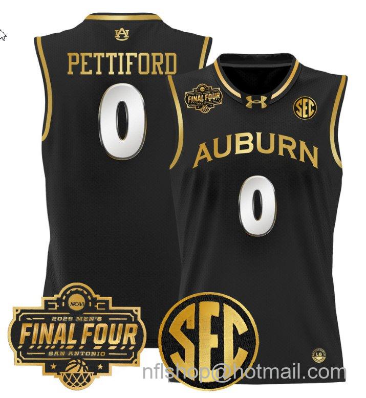 Men's Tahaad Pettiford Jersey #0 Auburn Tigers 2025 Final Four Patch Black Gold