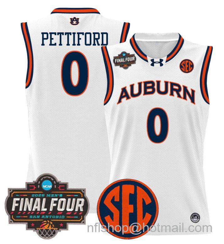 Men's Tahaad Pettiford Jersey #0 Auburn Tigers 2025 Final Four Patch Stitched White