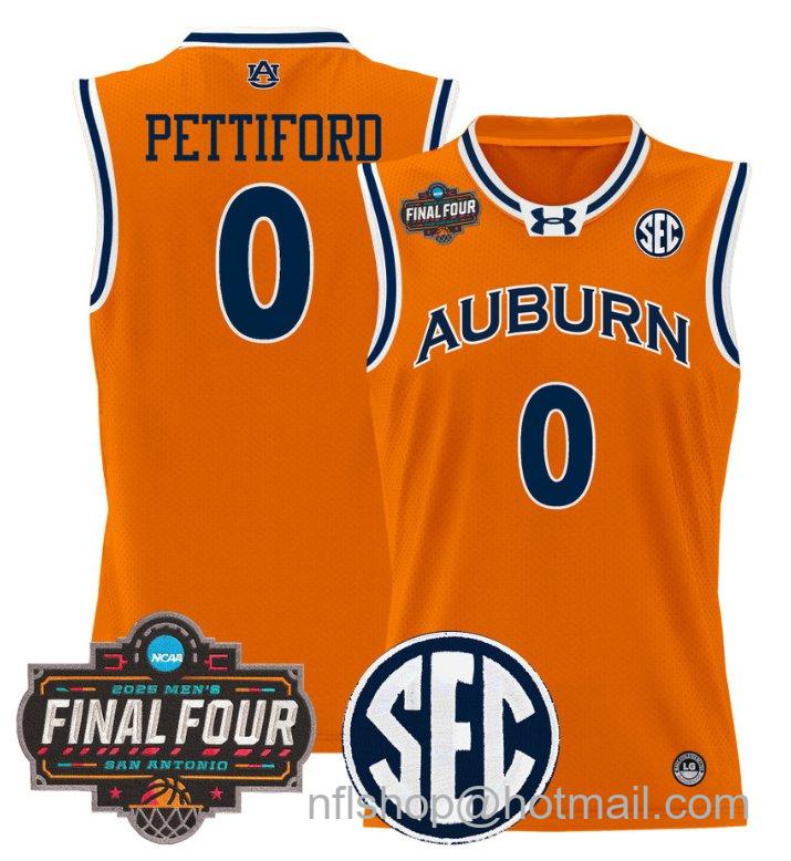 Men's Tahaad Pettiford Jersey #0 Auburn Tigers 2025 Final Four Patch Stitched Orange