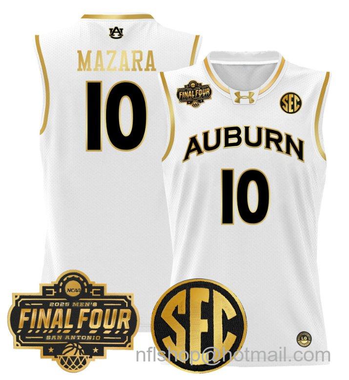 Men's Baker-Mazara Jersey #10 Auburn Tigers 2025 Final Four Patch Stitched White Gold