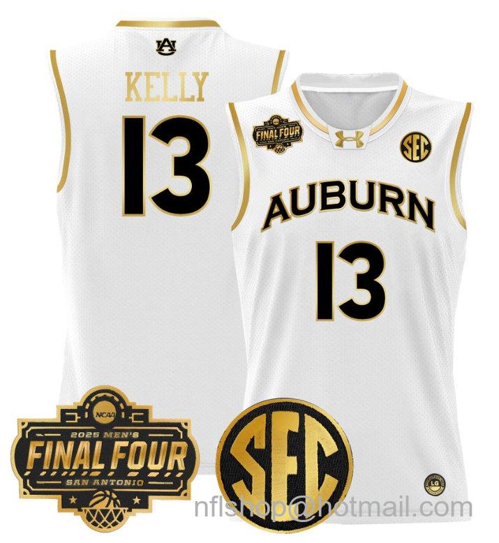 Men's Miles Kelly Jersey #13 Auburn Tigers 2025 Final Four Patch Stitched White Gold