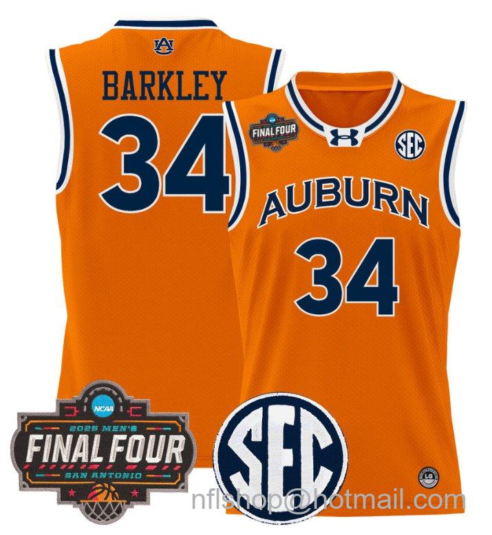 Men's Charles Barkley Jersey #34 Auburn Tigers 2025 Final Four Patch Stitched Orange