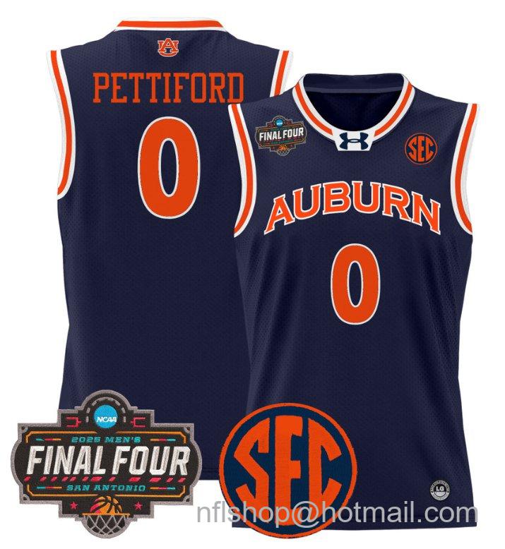 Men's Tahaad Pettiford Jersey #0 Auburn Tigers 2025 Final Four Patch Stitched Navy