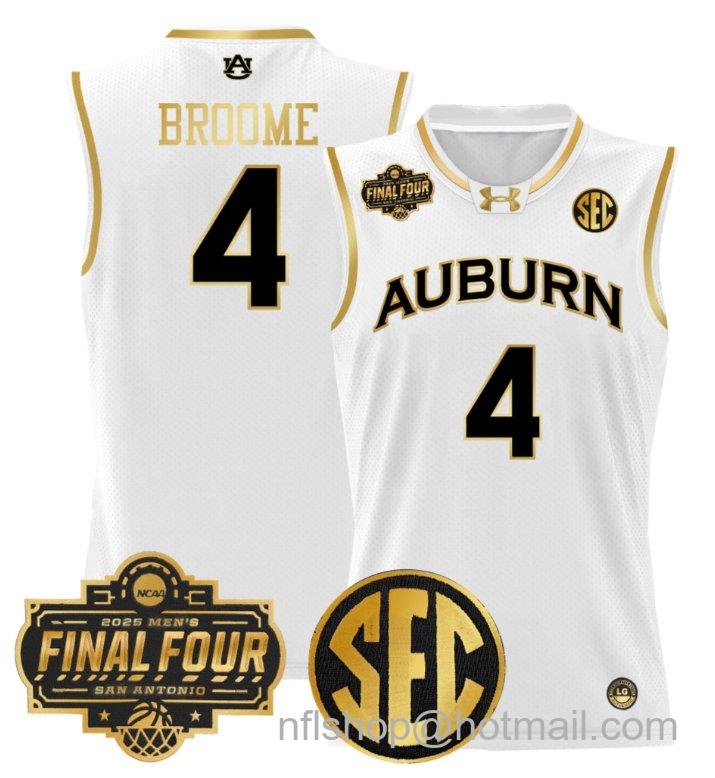 Men's Johni Broome Jersey #4 Auburn Tigers 2025 Final Four Patch Stitched White Gold