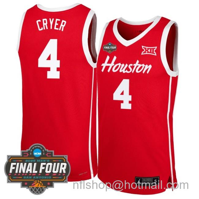 Men's Houston Cougars #4 L.J. Cryer NCAA 2025 Final Four Stitched Basketball Jersey Red
