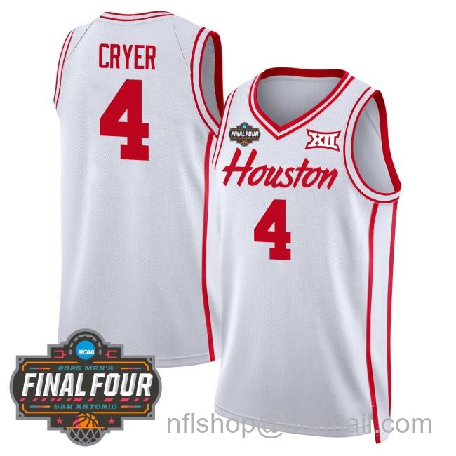 Men's Houston Cougars #4 L.J. Cryer NCAA 2025 Final Four Stitched Basketball Jersey White