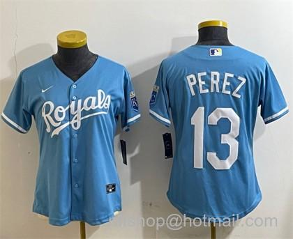Women's Kansas City Royals #13 Salvador Perez Light Blue Cool Base Stitched Jersey