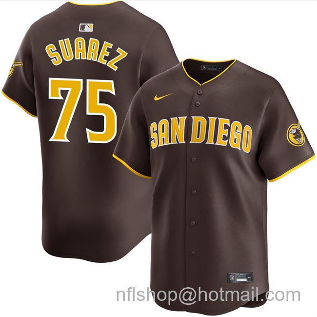 Men's San Diego Padres #75 Robert Suarez Brown 2025 Away Limited Stitched Baseball Jersey