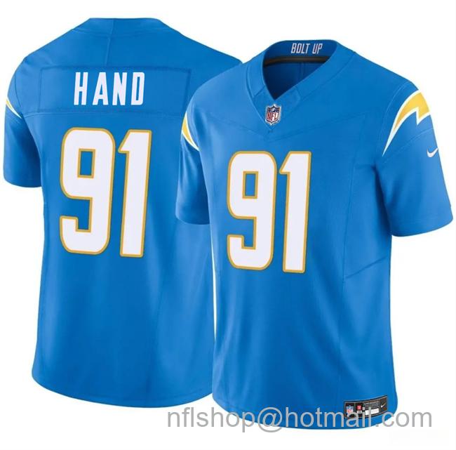 Men's Los Angeles Chargers #91 Da'Shawn Hand Blue 2025 F.U.S.E Vapor Limited Stitched Football Jersey