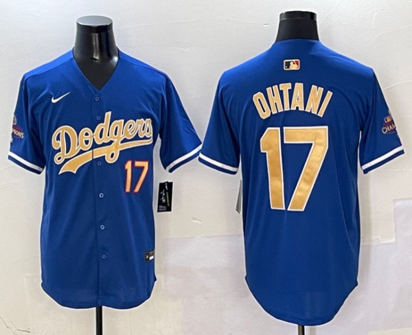 Men's Los Angeles Dodgers #17 Shohei Ohtani Royal 2024 World Series Champions 2025 Gold Collection Limited Stitched Baseball Jersey