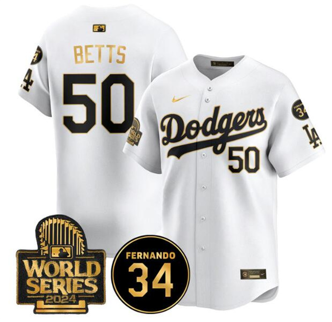 Women's Los Angeles Dodgers #50 Mookie Betts White Gold 2024 World Series With Fernando Memorial Patch Limited Stitched Baseball Jersey