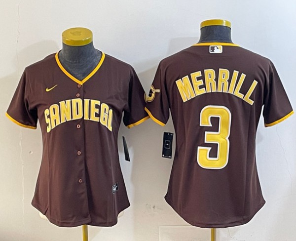 Women's San Diego Padres #3 Jackson Merrill Brown Stitched Baseball Jersey