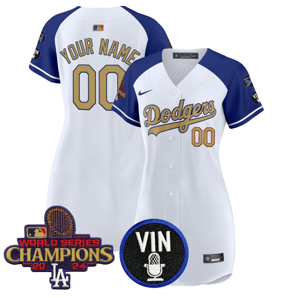 Women's Dodgers White Alternate 2025 Vin Scully & #34 Fernando & WSC Patch Custom Gold Baseball Dress - All Stitched