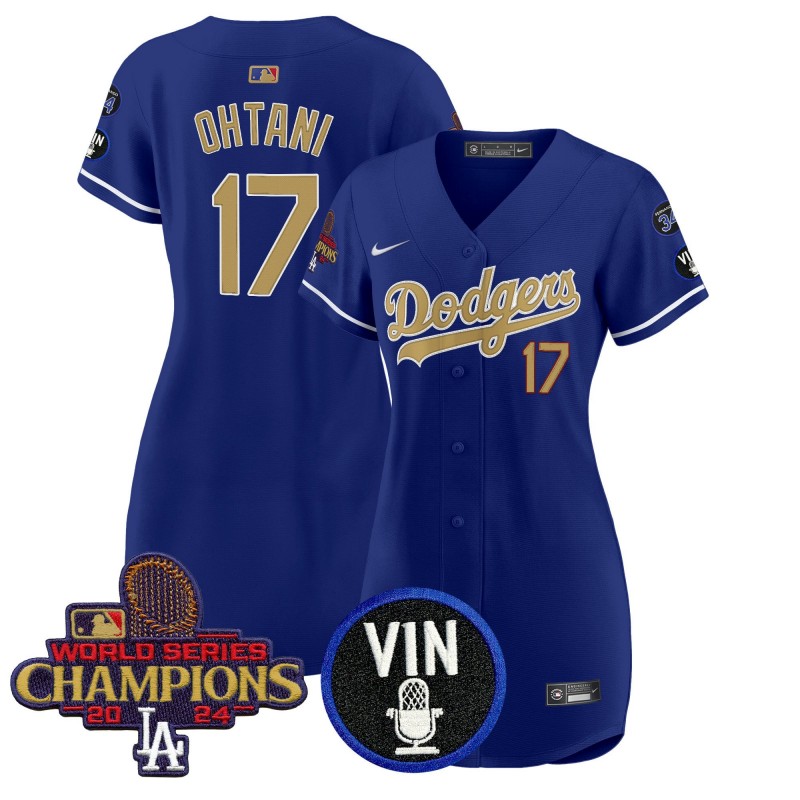 Women's Los Angeles Dodgers #17 Shohei Ohtani Royal 2025 Gold Vin Scully & #34 Fernando & WSC Patch  Stitched Baseball Dress Uniform