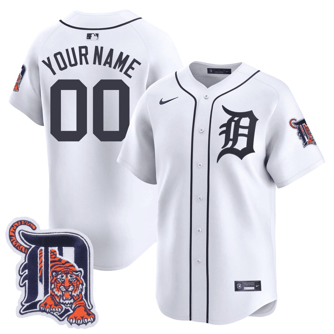 Detroit Tigers Logo Patch Limited White Baseball Custom Jersey - All Stitched