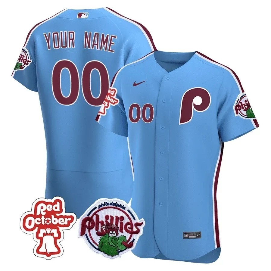 Philadelphia Phillies Custom Blue Flex Base Stitched Baseball Jersey - Red October Patch