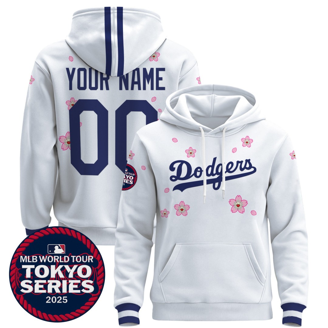 Tokyo Series 2025 Dodgers Custom Stitched Pullover Hoodie White