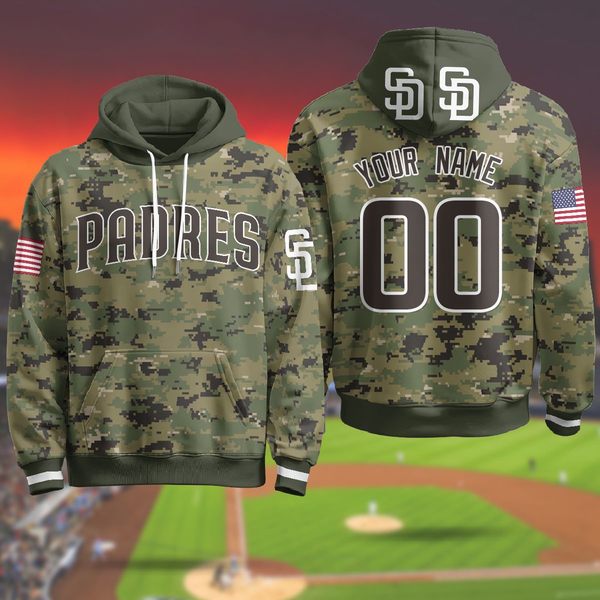 San Diego Padres Active Player Custom Military US Woodland Camo Stitched Hoodie