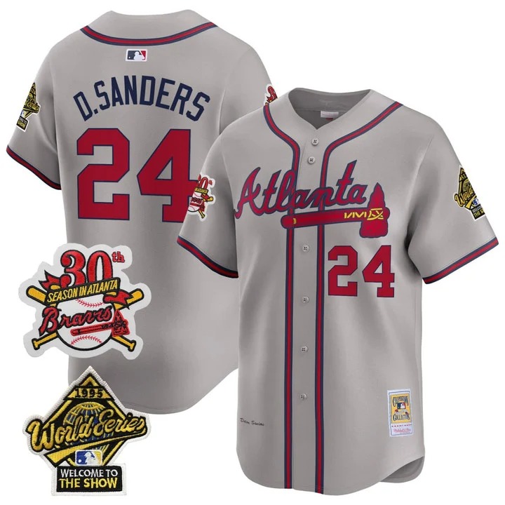 Men's Atlanta Braves #24 Deion Sanders Grey 30th 1995 World Series Stitched Baseball Jersey