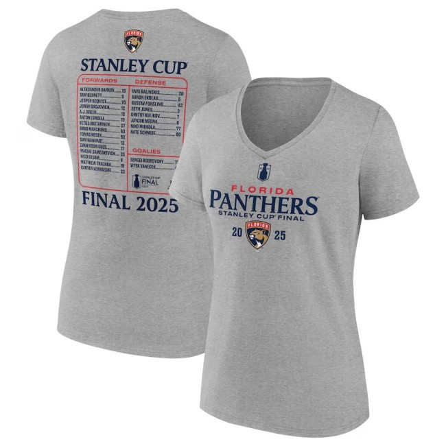 Women's Florida Panthers Heather Gray 2025 Stanley Cup Final Roster V-Neck T-Shirt