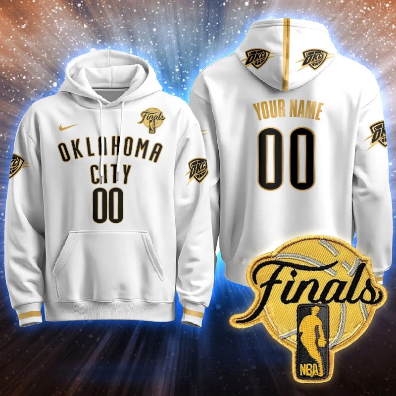 Oklahoma City Thunder Active Player Custom White Gold 2025 NBA Final Patch Stitched Hoodie