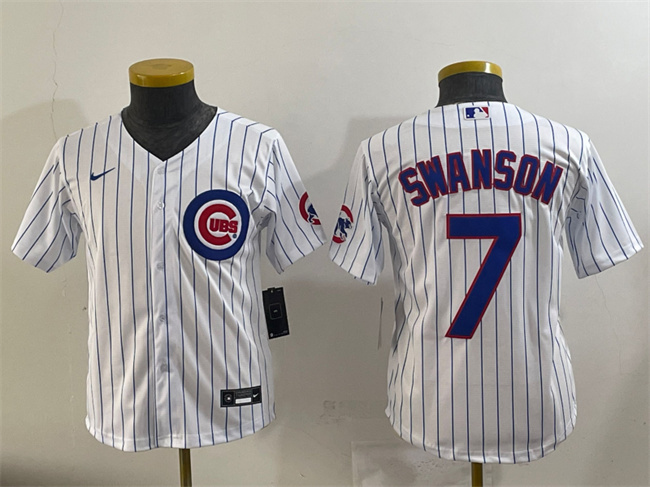 Youth Chicago Cubs #7 Dansby Swanson White Cool Base Stitched Baseball Jersey