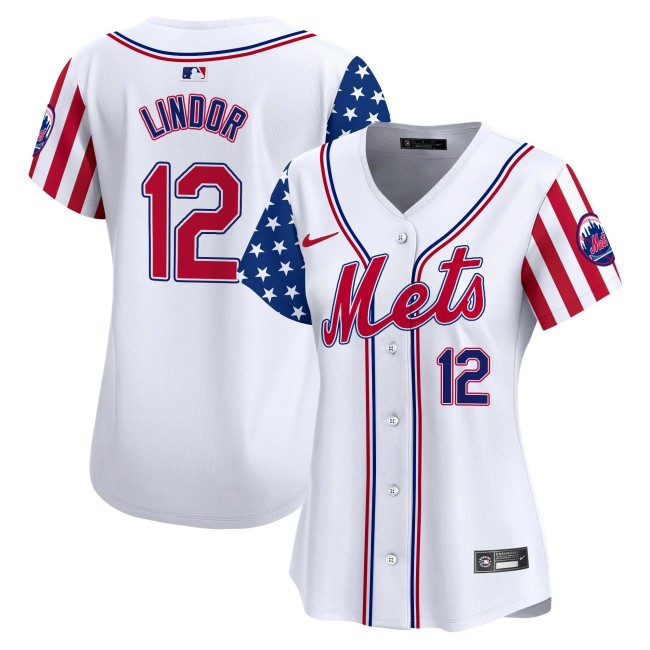 Women's Mets #12 Francisco Lindor White 2025 Independence Day Vapor Premier Limited Jersey - All Stitched