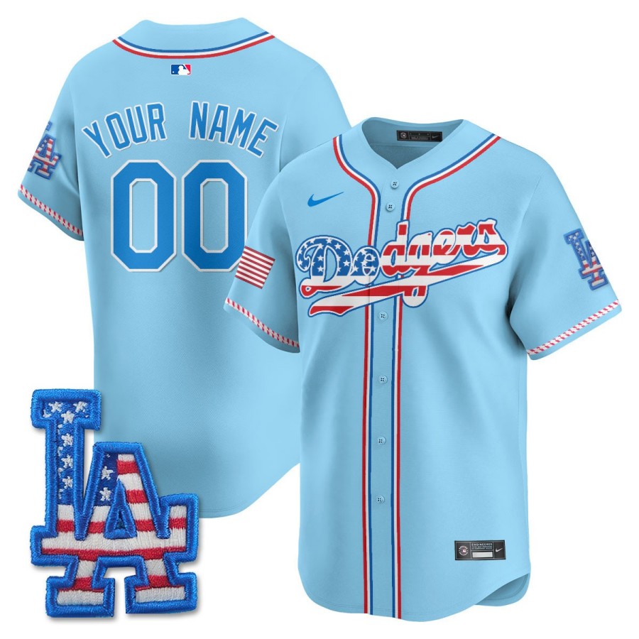 Los Angeles Dodgers Nike Custom 2025 Fourth of July Baseball Jersey Light Blue - All Stitched