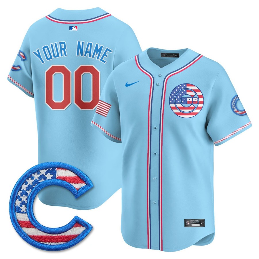 Chicago Cubs Custom Nike 2025 Fourth of July MLB Baseball Jersey Light Blue - All Stitched