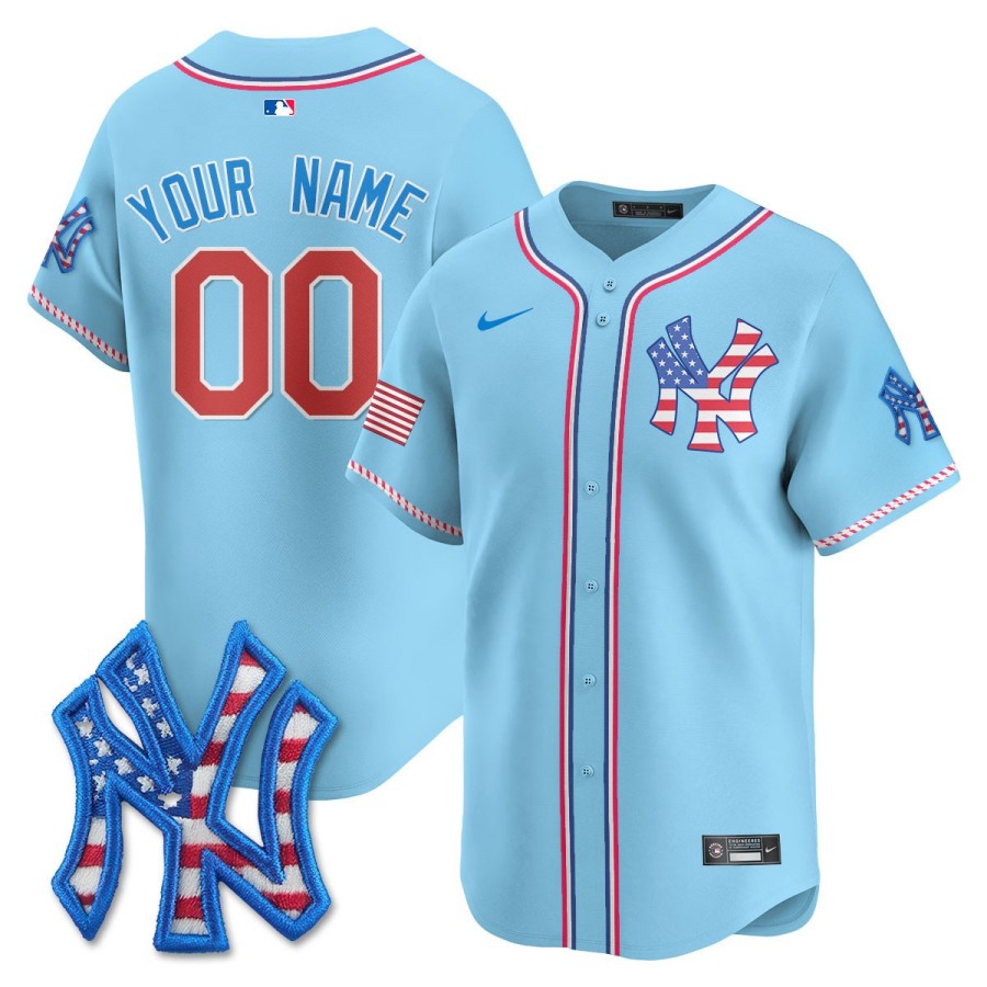 New York Yankees Custom Nike 2025 'Fourth OF July' MLB Baseball Jersey Light Blue - All Stitched