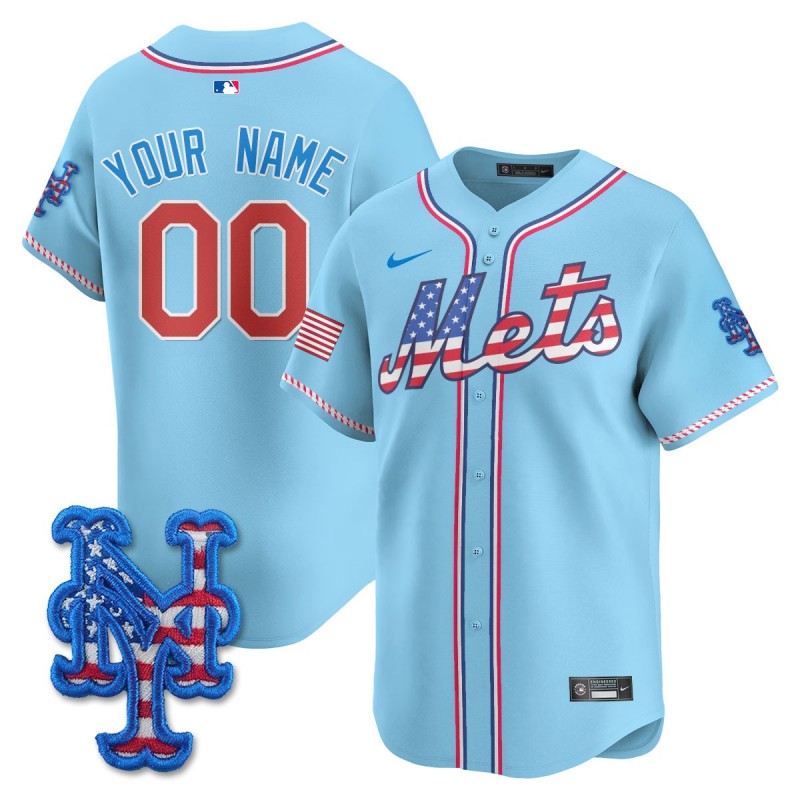 New York Mets Nike 2025 Fourth of July Custom MLB Baseball Limited Jersey Light Blue - All Stitched