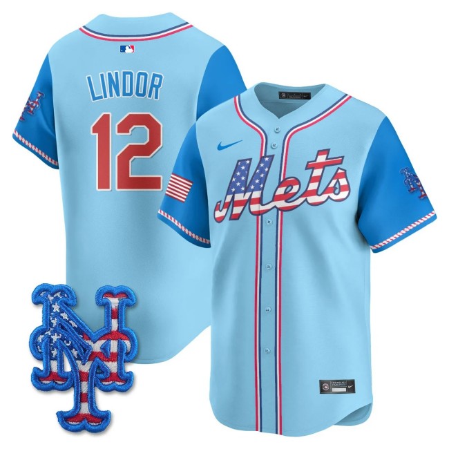 Men's NY Mets #12 Francisco Lindor Nike 2025 Fourth of July MLB Baseball Limited Jersey Light Blue - All Stitched