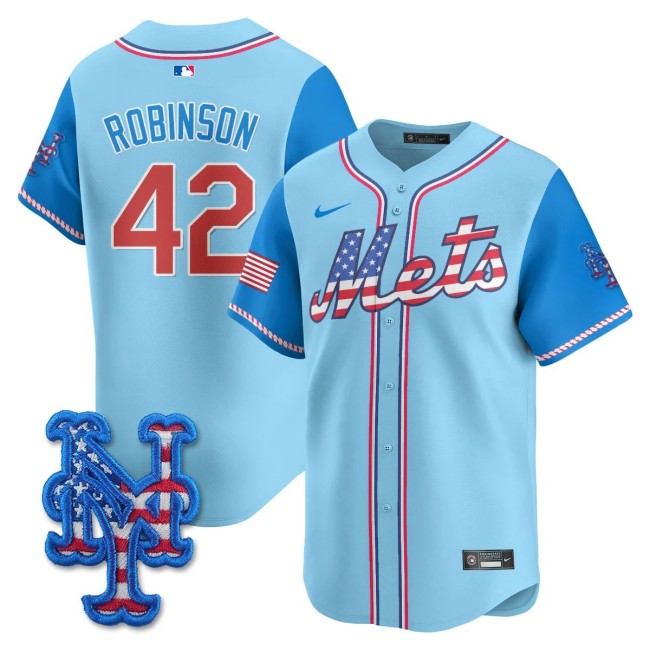 Men's NY Mets #42 Jackie Robinson Nike 2025 Fourth of July MLB Baseball Limited Jersey Light Blue - All Stitched
